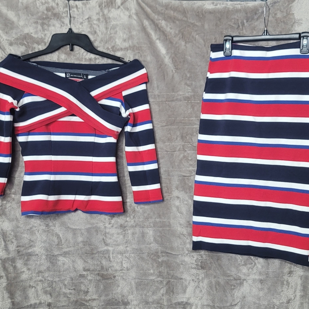 New York & Company Striped Red and Blue Skirt Set